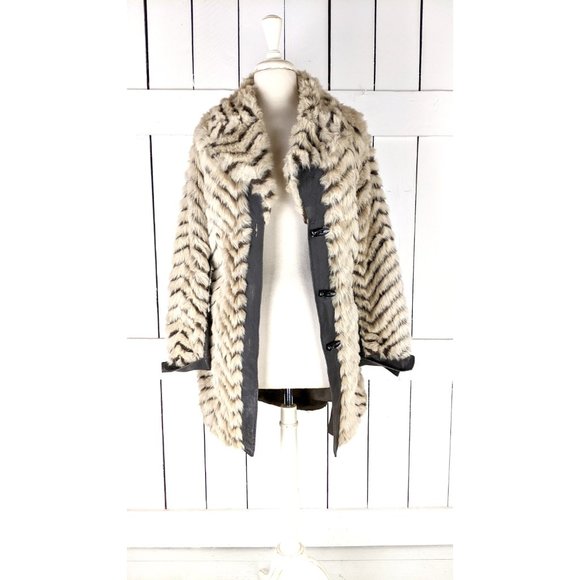 Vintage chevron striped chunky faux fur leather trim midi coat - Picture 3 of 7